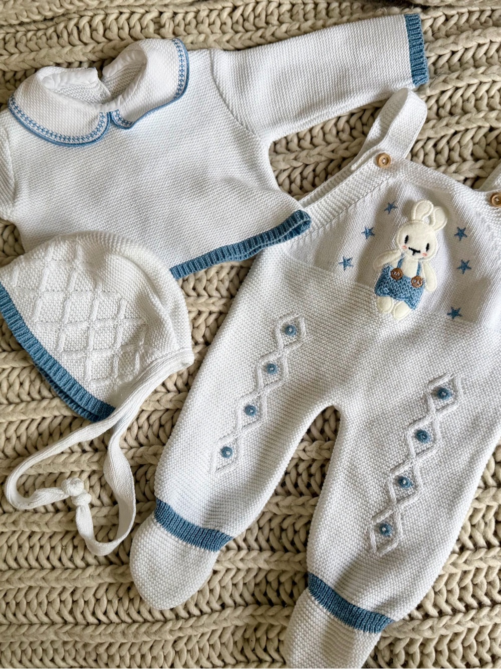 Classic White & Blue Knit Baby Overalls and Sweater Set